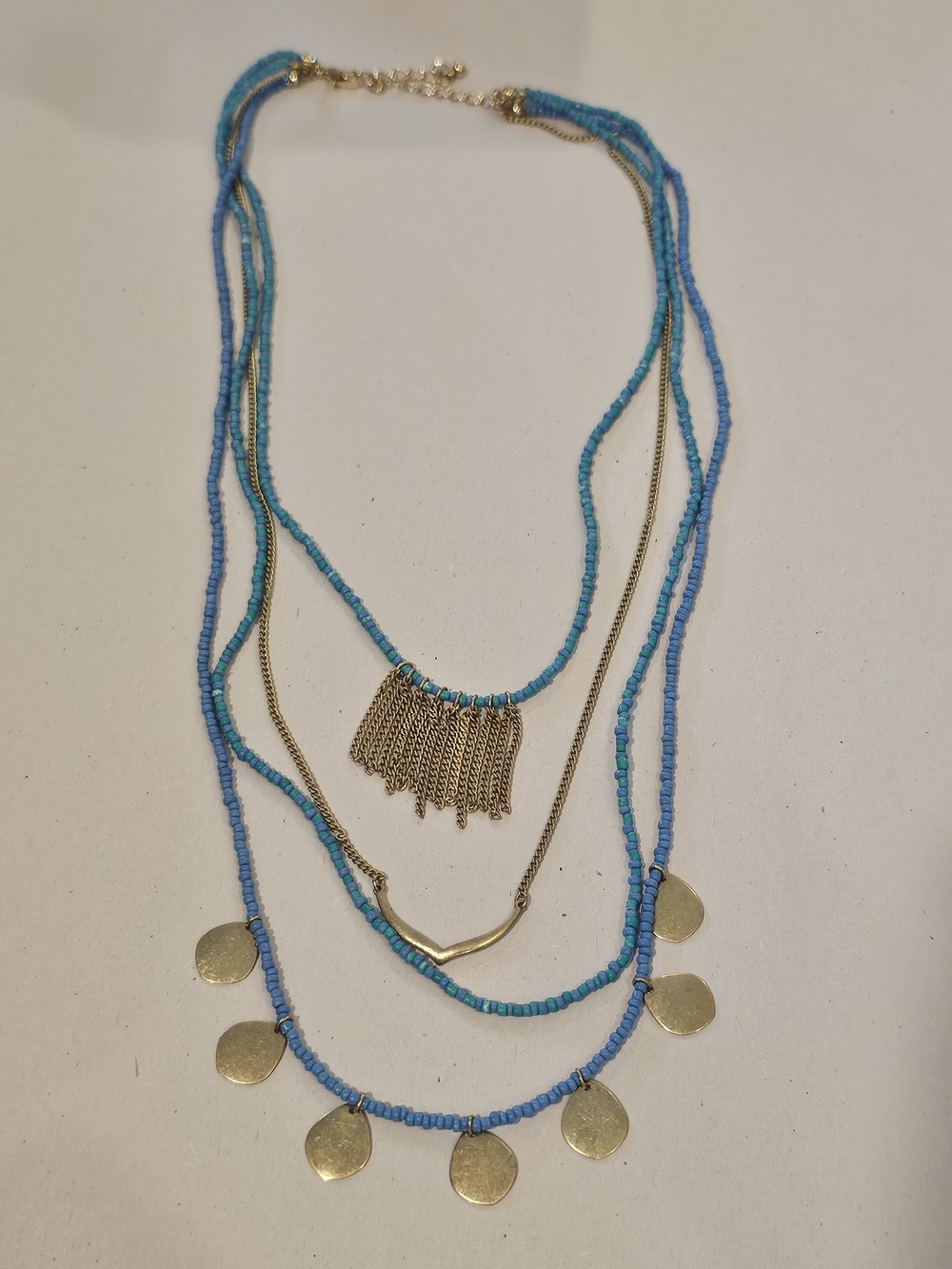 Multi-Strand Blue Beaded Layered Necklace with Gold Accents